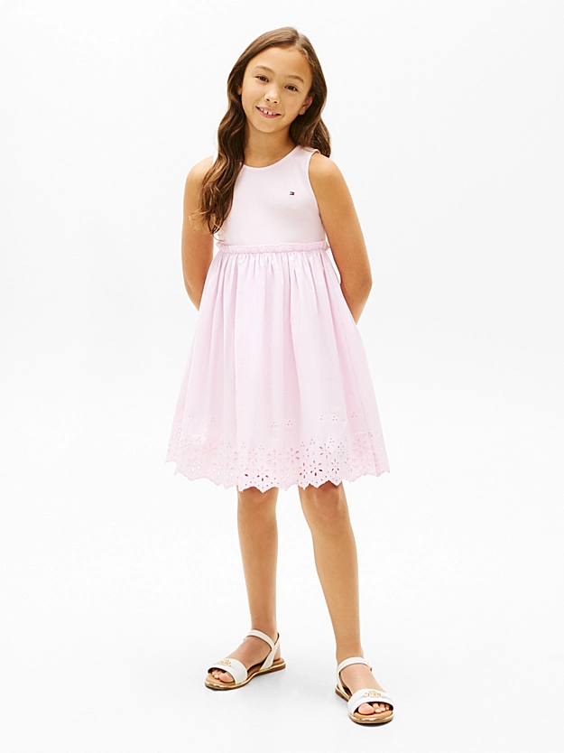 TOMMY HILFIGER MOUWLOZE JURK MET BRODERIE ANGLAISE PEARLY PINK